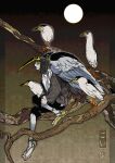  1boy absurdres animal bakushi_(smys2017) bird bird_boy bird_wings commentary_request feathered_wings full_body full_moon grey_wings highres in_tree japanese_clothes kimono looking_to_the_side male_focus moon night_heron sitting sitting_in_tree solo translation_request tree tsuyaza_no_tengu wings 