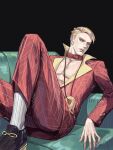  1boy alternate_color blonde_hair couch formal jewelry jojo_no_kimyou_na_bouken leaning_back lying male_focus necklace on_back palette_swap prosciutto sitting socks solo suit vento_aureo white_legwear yepnean 