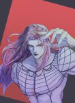  1boy black_lips diavolo fishnet_top fishnets jojo_no_kimyou_na_bouken lipstick long_hair makeup male_focus muscular muscular_male pink_hair polka_dot_hair purple_hair solo vento_aureo yepnean 