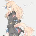  1girl animal_ears black_choker black_jacket blonde_hair blue_eyes blue_ribbon choker closed_mouth commentary_request denim denim_shorts from_behind gloves gold_city_(authentic/1928)_(umamusume) gold_city_(umamusume) gold_necklace hair_ribbon horse_ears horse_girl horse_tail inutose jacket jewelry long_hair necklace open_clothes open_jacket ribbon short_shorts shorts solo tail umamusume white_gloves 