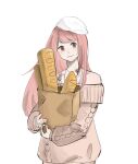  1girl absurdres bag baguette bare_shoulders beret bread brown_sweater chinese_commentary collarbone commentary_request flower flower_necklace food fur_hat happy hat highres holding holding_bag long_hair long_sleeves miracle_nikki nikki_(nikki) nikki_(series) off-shoulder_sweater off_shoulder paper_bag pink_hair puffy_long_sleeves puffy_sleeves sidelocks simple_background sleeves_past_wrists solo straight_hair sweater upper_body very_long_hair white_background white_hat winter_miracle_(miracle_nikki) yaza901798 