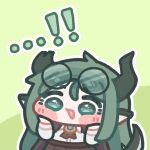  1girl ascot black_ascot blush_stickers broken_horn brown_skirt chibi chibi_only commentary_request eyewear_on_head glasses green_background green_hair horns jade_(trickcal) korean_commentary long_hair monyami open_mouth pleated_skirt pointy_ears round_eyewear shirt skirt solo tail trickcal very_long_hair white_shirt 