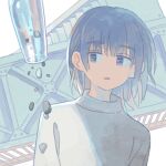  1girl blue_hair commentary_request eyebrows_visible_through_hair highres muji_(uimss) original parted_lips purple_eyes rock short_hair simple_background solo sweater turtleneck turtleneck_sweater upper_body white_background white_sweater 