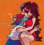  1boy 1girl backwards_hat between_breasts blue_hair blue_pants boyfriend_(friday_night_funkin') breasts brown_hair closed_mouth commentary dress face_between_breasts friday_night_funkin' girlfriend_(friday_night_funkin') hat head_between_breasts heart highres hiratsuki0523 hug large_breasts long_hair nail_polish orange_background pants red_dress red_hat red_nails shirt short_hair sleeveless sleeveless_dress very_long_hair white_shirt 