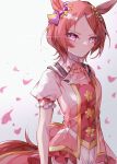  1girl absurdres animal_ears aru10pi ascot blush breasts brown_hair closed_mouth commentary_request flower-shaped_pupils flower_in_eye highres horse_ears horse_girl horse_tail petals pink_ascot pink_eyes pink_vest puffy_short_sleeves puffy_sleeves purple_eyes sakura_laurel_(saisir_le_reve)_(umamusume) sakura_laurel_(umamusume) shirt short_hair short_sleeves shorts small_breasts solo symbol-shaped_pupils symbol_in_eye tail umamusume vest white_shorts 