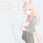  1girl animal_ears black_skirt blonde_hair blue_eyes blue_ribbon closed_mouth commentary_request ear_ribbon gold_city_(casual)_(umamusume) gold_city_(umamusume) gold_necklace grey_jacket holding holding_stuffed_toy horse_ears horse_girl horse_tail inutose jacket jewelry long_hair necklace official_alternate_costume red_sweater ribbon skirt solo stuffed_toy sweater tail turtleneck turtleneck_sweater umamusume 