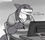  anthro clothing drawing_tablet fish greyscale hi_res male marine monochrome pattern_clothing pattern_shirt pattern_topwear pen red_eyes shark sharkiedude shirt sitting solo striped_clothing striped_shirt striped_topwear stripes teeth tired topwear 