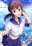  1girl beach black_eyes black_hair blue_sailor_collar blue_skirt blue_sky cloud commentary_request cowboy_shot day fubuki_(kancolle) horizon kantai_collection long_hair low_ponytail ocean outdoors pleated_skirt ponytail sailor_collar school_uniform serafuku short_ponytail sidelocks skirt sky solo tohko 