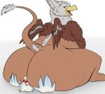 anthro avian big_butt blush blushing_profusely butt butt_grab chocobo dee'bo_(dawgyjr) duo facesitting fangy_boyo feral final_fantasy gryphon hand_on_butt hi_res larger_feral larger_male looking_back male mythological_avian mythological_creature mythology overweight pinned pinned_by_butt rufous_(dawgyjr) sat_on simple_background sitting sitting_on_another size_difference smaller_anthro square_enix