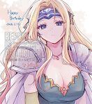  1girl armor birthday blonde_hair blue_eyes blue_headband breasts cape celes_chere cleavage closed_mouth commentary_request dated earrings elbow_gloves final_fantasy final_fantasy_vi gloves green_leotard happy_birthday headband jewelry large_breasts leotard long_hair looking_at_viewer necklace pan_ff6 parted_bangs pauldrons shoulder_armor sidelocks solo white_cape yellow_gloves 