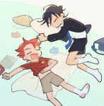  2boys backpack bag black_hair black_jacket black_shorts blanket buttoned_cuffs buttons closed_mouth commentary_request fang grey_shorts hat imaizumi_shunsuke jacket korean_commentary lowres lying male_focus multiple_boys naruko_shoukichi o_omome on_back on_side open_mouth outstretched_arm paper pillow randoseru red_hair red_shirt shirt short_hair short_sleeves shorts socks spiked_hair v-neck white_socks yowamushi_pedal 