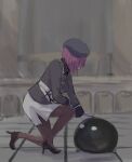  1girl black_hat black_jacket black_pantyhose black_shoes bob_cut commentary from_side full_body hat headpat heaven_burns_red high_heels highres jacket long_sleeves military_hat military_uniform narby_(heaven_burns_red) null1000_4869 on_one_knee pantyhose pencil_skirt purple_hair shoes short_hair skirt slime_(creature) solo tezuka_saki white_skirt 