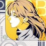  1girl artist_logo black_jacket brown_eyes brown_hair chi.:_chikyuu_no_undou_ni_tsuite closed_mouth collared_shirt contemporary floating_hair from_side iorbtyn jacket jolenta logo looking_at_viewer necktie ponytail shadow shirt solo suit_jacket 