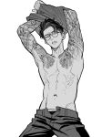 1boy abs absurdres arms_up corbeau_(pokemon) glasses greyscale haze_(ha_ze) highres looking_at_viewer male_focus male_underwear monochrome navel nipples open_pants pants pectorals pokemon pokemon_legends:_z-a round_eyewear shirt short_hair simple_background solo tattoo toned toned_male underwear white_background 