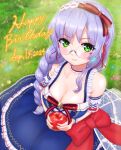  bow braid breasts cleavage commentary_request food fruit glasses grass green_eyes hair_bow happy_birthday headdress heaven_burns_red holding holding_food holding_fruit izumi_yuki_(heaven_burns_red) large_breasts long_hair looking_at_viewer purple_hair red_hood sybilla_(batvb) 