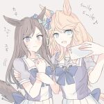  2girls animal_ears blonde_hair blue_eyes blue_ribbon bow cellphone closed_mouth commentary_request gold_city_(umamusume) hair_ribbon holding holding_phone horse_ears horse_girl horse_tail inutose long_hair mejiro_dober_(umamusume) multiple_girls open_mouth phone purple_bow purple_shirt ribbon sailor_collar school_uniform selfie shirt skirt smartphone tail tracen_school_uniform umamusume white_sailor_collar white_skirt 