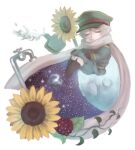  1boy axis_powers_hetalia black_gloves blackberry_(fruit) boots chibi chibi_only closed_mouth commentary_request faucet flower full_body gloves green_hat grey_hair hat male_focus moon russia_(hetalia) scarf short_hair sunflower tkc_(tkoshinchan) watering_can white_scarf 