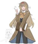  1girl :d ascot black_pants book brown_ascot brown_coat brown_eyes brown_hair coat commentary commission ena_25ji hairband highres holding holding_book library_of_ruina long_hair looking_at_viewer malkuth_(project_moon) multiple_views pants project_moon red_hairband simple_background smile sparkle standing teeth upper_teeth_only watermark white_background 