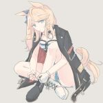  1girl animal_ears asymmetrical_footwear bikini bikini_top_only black_boots black_choker black_jacket blonde_hair blue_bikini blue_eyes blue_ribbon boots breasts choker closed_mouth commentary_request denim denim_shorts gloves gold_city_(authentic/1928)_(umamusume) gold_city_(umamusume) gold_necklace hair_ribbon horse_ears horse_girl horse_tail inutose jacket jacket_on_shoulders jewelry long_hair mismatched_footwear necklace open_clothes open_jacket ribbon short_shorts shorts single_glove solo striped_bikini striped_clothes swimsuit tail umamusume white_boots white_gloves 