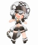  1girl ;d absurdres animal_ear_fluff animal_ears arknights asymmetrical_legwear bangs bare_shoulders black_footwear black_gloves black_legwear black_shorts blush brown_eyes cabbie_hat checkered_clothes checkered_headwear chibi cliffheart_(arknights) crop_top double_v eyebrows_visible_through_hair fang full_body fur-trimmed_gloves fur_trim gloves grey_background grey_hair hair_between_eyes hands_up hat highres jacket leopard_ears leopard_girl leopard_tail multicolored_hair navel one_eye_closed open_clothes open_jacket shoes short_shorts shorts simple_background single_sock single_thighhigh sleeveless sleeveless_jacket smile socks solo standing streaked_hair tail takumi_mizuki thighhighs v v-shaped_eyebrows white_headwear white_legwear 