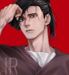  1boy adam's_apple artist_logo black_eyes black_hair chi.:_chikyuu_no_undou_ni_tsuite closed_mouth highres iorbtyn jacket logo looking_at_viewer male_focus medium_hair oczy portrait red_background shirt short_hair sideburns solo white_shirt 