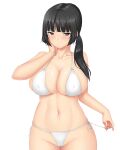  bikini black_hair blunt_bangs blush breasts cameltoe cleavage come_hither commentary_request covered_nipples halterneck hand_on_own_cheek hand_on_own_face highres kaede_(mokkori9) large_breasts looking_at_viewer mokkori9 navel original red_eyes smile swimsuit twintails untying white_bikini 