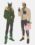  ... 2boys armor bag bbbb_fex beige_jacket black_armor black_bodysuit black_pants bodysuit fur_trim gold_horns green_horns green_jacket groceries grocery_bag hands_in_pockets highres jacket kamen_rider kamen_rider_agito kamen_rider_agito_(series) kamen_rider_gills male_focus multiple_boys pants pink_bag red_eyes shopping_bag speech_bubble stag_beetle v 