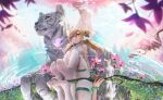  1girl animal bare_arms bare_shoulders blonde_hair character_request chinese_zodiac copyright_request dress feet fh_moya full_body hair_ornament highres no_shoes pantyhose puddle reflection reflective_water ripples sitting socks soles thighhighs tiger toes white_legwear year_of_the_tiger 