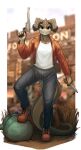  2021 absurd_res anthro bethesda_softworks blurred_background bottomwear clothed clothing color_fox deathclaw fallout footwear fully_clothed gun handgun hi_res holding_knife holding_object holding_revolver knife looking_at_viewer pants ranged_weapon red_clothing revolver scalie shirt solo topwear video_games weapon white_clothing white_shirt white_topwear 