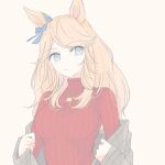  1girl animal_ears blonde_hair blue_eyes blue_ribbon commentary_request ear_ribbon gold_city_(casual)_(umamusume) gold_city_(umamusume) gold_necklace grey_jacket horse_ears horse_girl horse_tail inutose jacket jewelry long_hair necklace official_alternate_costume open_clothes open_jacket red_sweater ribbon solo sweater tail turtleneck turtleneck_sweater umamusume 
