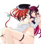  2girls arm_grab ass assertive_female asymmetrical_bangs bangs bare_legs bare_shoulders between_legs black_bra black_hair blue_eyes blush bow bra breasts choker clothes_pull demon_girl dice dice_hair_ornament from_behind garters girl_on_top hair_ornament hakos_baelz hat heterochromia highres holding_another&#039;s_wrist holocouncil hololive hololive_english horns irys_(hololive) jiang_ye_kiri lace-trimmed_bra lace_trim legs long_hair looking_at_viewer medium_breasts medium_hair mouse_tail multicolored_hair multiple_girls nail nail_polish navel no_bra open_mouth panties panty_pull police_hat red_hair restrained shirt shirt_pull simple_background string_panties t-shirt tail thighs underwear virtual_youtuber white_background yuri 