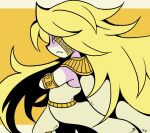  1boy absurdres ancient_egyptian_clothes armband armlet blonde_hair chibi closed_mouth colored_skin commentary_request crossed_arms dio_brando facial_mark frown heaven_ascended_dio highres jewelry jojo_no_kimyou_na_bouken jojo_no_kimyou_na_bouken:_eyes_of_heaven long_hair looking_at_viewer m_a_a_m_8 male_focus partial_commentary profile shirt simple_background solo usekh_collar very_long_hair white_skin yellow_background yellow_eyes yellow_shirt 