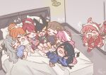  >_< 6+girls absurdres ahoge animal_ears anya_melfissa black_hair blush brown_hair chibi closed_eyes commentary_request cone_hair_bun elizabeth_rose_bloodflame grey_hair group_hug hair_bun heart highres holding holding_sock holding_unworn_clothes hololive hololive_english hololive_indonesia hood hoodie horns hotel_room hug interlocked_toes kharuhi9637 kureiji_ollie long_hair multiple_girls nerissa_ravencroft novelty_glasses on_bed ookami_mio orange_hair pink_hair raora_panthera red_hair sakura_miko signature smile socks takanashi_kiara unworn_socks vestia_zeta virtual_youtuber wolf_ears 