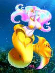 3:4 absurd_res ambient_coral ambient_sealife anthro aquatic big_breasts blue_highlights blueondrive breasts bubble cephalopod_shell crown equid equine eyeshadow female friendship_is_magic gem glistening glistening_breasts gold_(metal) gold_jewelry green_highlights hair hands_behind_head hasbro headgear hi_res highlights_(coloring) horn jewelry looking_at_viewer makeup mammal merfolk mermaid_tail mollusk_shell multicolored_hair my_little_pony mythological_creature mythological_equine mythology narrowed_eyes navel necklace pasties photo_background photography_(artwork) pink_eyeshadow pink_hair princess_celestia_(mlp) scales seashell_pasties shell small_waist solo sparkles sparkling_hair split_form tail tiara underwater unicorn water white_body wide_hips yellow_body yellow_scales yellow_tail