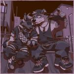 affectionate alternative_fashion anthro backwards_baseball_cap backwards_cap backwards_hat baseball_cap biceps big_muscles big_pecs black_baseball_cap black_body black_bottomwear black_clothing black_collar black_footwear black_fur black_hat black_headwear black_pants black_shirt black_shoes black_sneakers black_tank_top black_topwear bottomwear brown_body brown_fur city city_background cityscape clothing collar crossed_legs delinquent duo footwear fur graffiti hand_holding hat headgear headwear hi_res jewelry kyo_(kiasano) leaning leaning_on_another love male male/male mammal manly markings muscular muscular_anthro muscular_arms muscular_male muscular_thighs mustelid necklace night nipples otter pants pecs punk ramp rebel shirt shoes sitting skate_park skateboard skateboarder skater spiked_collar spikes spread_legs spreading striped_body striped_fur striped_markings stripes tank_top thick_arms thick_thighs topwear vehicle vetiver_n