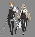  1boy 1girl alternate_costume bangs belt black_footwear black_necktie black_pants black_vest blonde_hair blue_eyes breasts dual_wielding ear_piercing eyepatch full_body genshin_impact grey_background hair_between_eyes highres holding holding_sword holding_weapon jewelry long_hair necktie orange_hair pants papajay_(jennygin2) piercing sheath shirt signora_(genshin_impact) simple_background standing sword symbol-only_commentary tartaglia_(genshin_impact) thigh_strap very_long_hair vest weapon white_shirt 