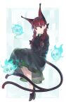  1girl absurdres animal_ears black_bow black_footwear bow braid cat_ears cat_tail character_name dress extra_ears ghost green_dress highres hitodama kaenbyou_rin multiple_tails o_(crazyoton46) red_eyes red_hair simple_background sitting skull solo tail touhou twin_braids two_tails white_background 