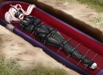  1girl absurdres ahoge ball_gag bdsm blindfold bound bound_arms bound_legs chain coffin commentary_request covered_navel flat_chest flower gag gag_harness gagged hair_flower hair_ornament highres immobilization in_coffin korean_commentary legbinder long_hair original shiny_clothes solo straitjacket twintails user_yuyy2422 variant_set white_hair 