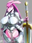 absurd_res anthro anthrofied armor bimbo_anthro boob_armor breasts chrome doctor_awesome female hi_res lovander melee_weapon metal metallic pal_(species) palworld plate_mail pocketpair polearm scalie spear suit_of_armor thick_thighs weapon