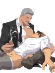  2boys abs age_difference black_hair black_jacket black_necktie blush brown_eyes butler clenched_teeth clothed_sex clothes_pull collared_shirt commentary cum erection facial_hair grey_hair grey_pants grey_socks hand_on_another's_head handjob highres indian_style jacket large_pectorals legwear_garter looking_at_another lying lying_on_person male_focus male_underwear male_underwear_pull multiple_boys muscular muscular_male mustache necktie nose nursing_handjob old old_man on_back open_clothes open_jacket orgasm original pants pants_pull pectorals penis projectile_cum saliva shirt shirt_partially_removed short_hair short_sleeves shumeru_hito_(a_sumerian0112) simple_background sitting socks sucking_male_nipple sweatdrop tailcoat teeth thick_eyebrows thick_mustache underwear undone_necktie untranslatable_commentary veins veiny_arms very_short_hair white_background white_male_underwear white_shirt wrinkled_skin 