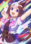 1girl animal_ears blush bow braid brown_hair collared_shirt commentary_request cropped_jacket ear_bow ear_ribbon half_up_braid highres horse_ears horse_girl horse_tail jacket looking_at_viewer multicolored_hair neck_ribbon open_mouth othello_katze purple_bow purple_eyes purple_ribbon purple_vest ribbon shirt short_hair short_sleeves skirt smile special_week_(special_dreamer)_(umamusume) special_week_(umamusume) star_(symbol) tail two-tone_hair umamusume vest white_hair white_jacket white_shirt white_skirt wristband 