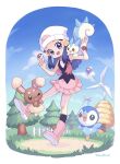  1girl asuinui black_eyes black_hair black_socks boots commentary dawn_(pokemon) drifloon english_commentary hat highres holding holding_poke_ball long_hair open_mouth pachirisu pink_boots piplup poke_ball pokemon pokemon_(creature) red_scarf scarf smile socks solo teeth upper_teeth_only watch white_hat wind_turbine wristwatch 