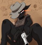 2026 absurd_res anthro balls big_penis black_body black_ears black_fur black_pubes black_tail brown_cloak brown_clothing brown_hat brown_headwear butt cloak clothing completedlemon cowboy_hat digital_media_(artwork) domestic_cat eye_scar facial_scar felid feline felis fur genitals glistening glistening_eyes gun half-closed_eyes hat hat_over_eye headgear headwear hi_res holding_gun holding_object holding_ranged_weapon holding_weapon looking_at_viewer lying male mammal mewgenics multicolored_cloak multicolored_clothing narrowed_eyes on_back outside penis pubes ranged_weapon red_eyes scar serious signature solo tail two_tone_cloak two_tone_clothing two_tone_hat vein veiny_penis weapon zodiac_(mewgenics)