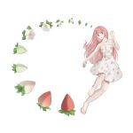 1girl absurdres bare_arms bare_legs bare_shoulders barefoot brown_eyes chinese_commentary closed_mouth collarbone commentary_request dress flower food food_print frilled_dress frills fruit fruit_print full_body hand_up happy highres if_happiness_is_a_circle_(meme) knees leg_up light_blush long_hair medium_dress meme nikki_(nikki) nikki_(series) nikki_up2u pink_hair print_dress sequential sidelocks simple_background smile solo strapless strapless_dress strawberry strawberry_print very_long_hair white_background white_dress white_flower yaza901798 