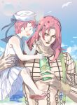  1boy 1girl black_lips blue_eyes bottle child diavolo drinking_straw father_and_daughter fishnet_top fishnets hat jojo_no_kimyou_na_bouken long_hair pink_hair polka_dot_hair sailor_collar sailor_hat sandals short_hair trish_una vento_aureo yepnean younger 