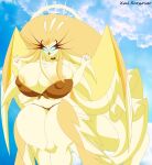 absurd_res angel anthro avian beak big_breasts big_butt bikini bikini_bottom bikini_top blonde_hair blue_eyes breasts butt choker clothing erect_nipples european_mythology eyelashes feathered_wings feathers female front-tie_bikini fur greek_mythology hair hazbin_hotel hellaverse hi_res huge_breasts huge_butt huge_thighs hyper hyper_breasts hyper_butt hyper_thighs jewelry long_eyelashes long_hair macro_female mythological_avian mythological_bird mythological_creature mythological_firebird mythology necklace nipple_outline nipples phoenix sky solo speaker_of_god_(hazbin_hotel) swimwear tail tail_feathers thick_thighs tied_bikini tight_bikini tight_clothing two-piece_swimsuit wide_hips wings xml_xrossover_(artist) yellow_body yellow_fur