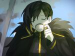  1girl binah_(project_moon) black_cape black_dress black_hair blonde_hair cape closed_eyes colored_inner_hair commentary_request cup dress fur_collar hand_up highres korean_commentary limbus_company lobotomy_corporation multicolored_hair project_moon short_hair solbam001 solo teacup yellow_trim 