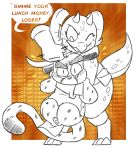 2020 4_horns ankle_cuffs anthro armwear aroused black_tip_tail blush blush_lines border bullying cheetah clothing cuff_(restraint) curled_horn dialogue duo ears_down elbow_gloves emanata english_text exclamation_point eyebrows felid feline female frowning_at_viewer gloves grappling hair handwear horn kobold lifting_another looking_at_another looking_at_viewer looking_down male male/female mammal markings motion_lines multi_horn one_eye_closed piko_(simplifypm) pivoted_ears pockets potoobrigham rear_naked_choke repeated_internal_monologue repeated_text restraints scalie scrubbing simple_background smirking_at_another speech_bubble spots spotted_body text text_background thick_eyebrows thick_thighs touching_hair white_border xing_the_cheetah yellow_background