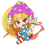  1girl american_flag_legwear blonde_hair blush blush_stickers clownpiece dress eyebrows_visible_through_hair fairy fairy_wings fang full_body hat holding holding_torch ini_(inunabe00) jester_cap long_hair long_sleeves open_mouth pantyhose polka_dot_headwear purple_headwear red_eyes smile solo star_(symbol) star_print striped striped_dress striped_legwear torch touhou v-shaped_eyebrows wings 