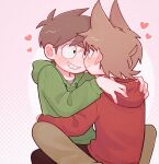  2boys arms_around_waist black_eyes black_pants blush brown_hair brown_pants commentary couple drawstring edd_(eddsworld) eddsworld eye_contact fewer_digits flipped_hair green_hoodie grin hair_ears halftone halftone_background hands_on_another's_shoulders heart highres hood hood_down hoodie long_sleeves looking_at_another male_focus mau_(edd_tom) multiple_boys pants red_hoodie short_hair sitting sitting_on_lap sitting_on_person smile toon_(style) tord_(eddsworld) untranslatable_commentary yaoi 